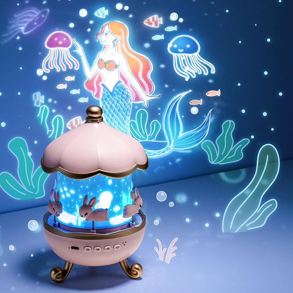3-in-1 Star Projector Night Light for Kids, USB Rechargeable Rotating Bunny Carousel Lamp with Music & White Noise, Galaxy Sky Projection Lamp, Color Changing LED Nursery Night Light for Baby, Bedroom, Christmas & Birthday Gift