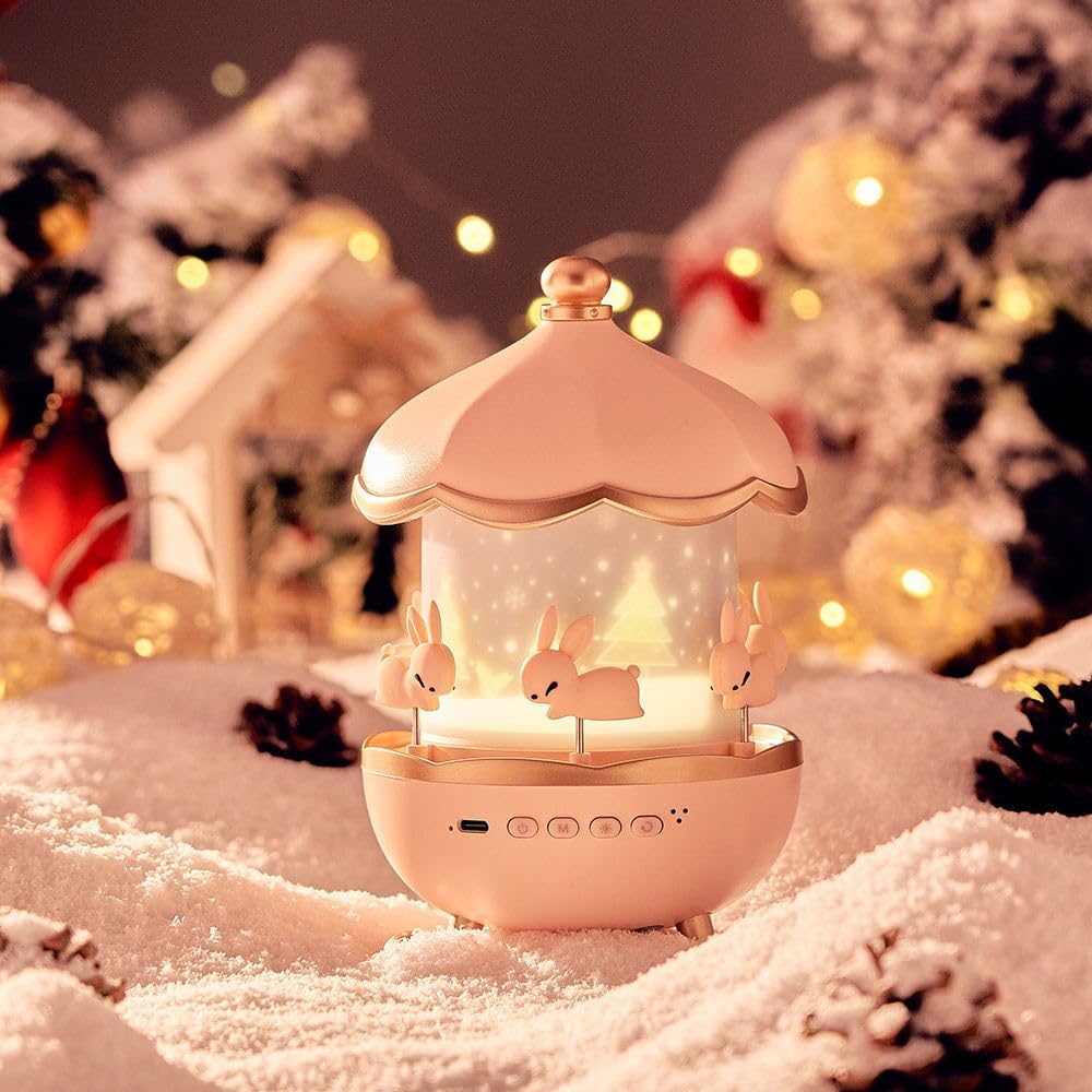 3-in-1 Star Projector Night Light for Kids, USB Rechargeable Rotating Bunny Carousel Lamp with Music & White Noise, Galaxy Sky Projection Lamp, Color Changing LED Nursery Night Light for Baby, Bedroom, Christmas & Birthday Gift
