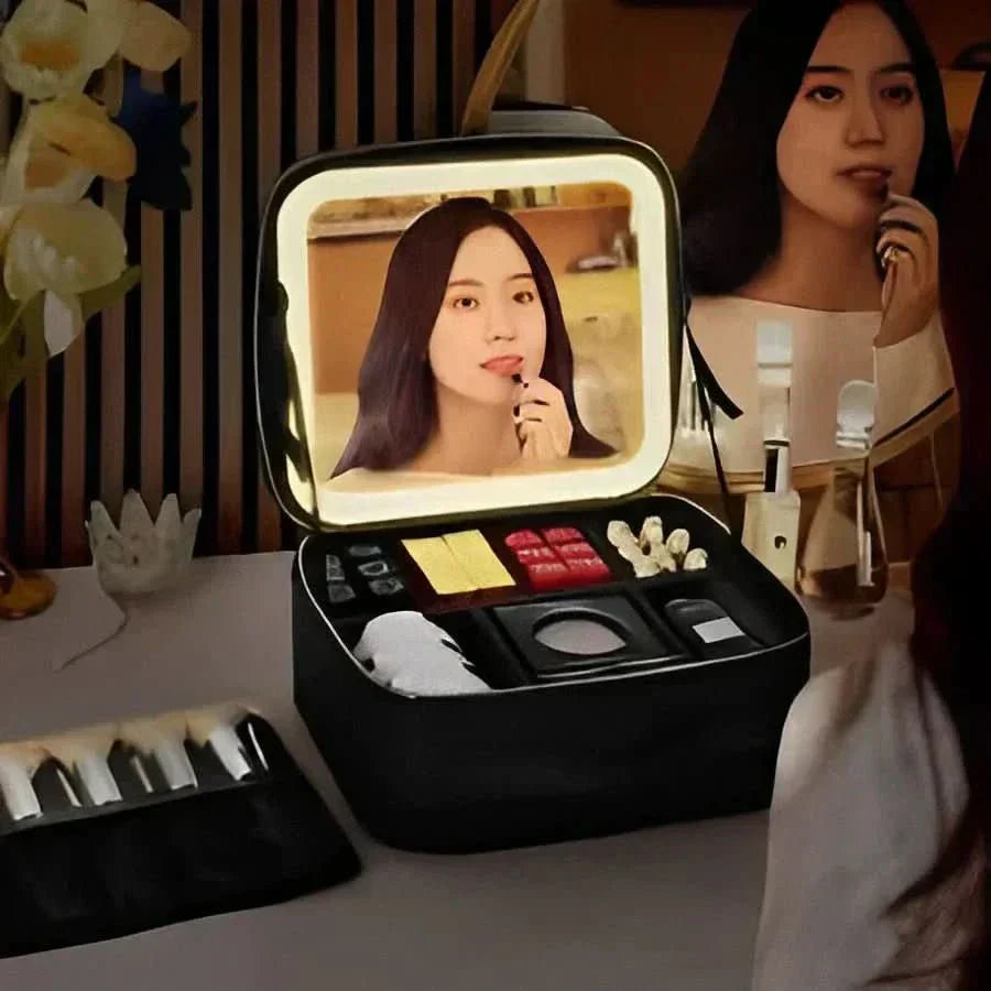 GlimmerGlow Makeup Bag With LED Mirror And Portable Lighted Storage